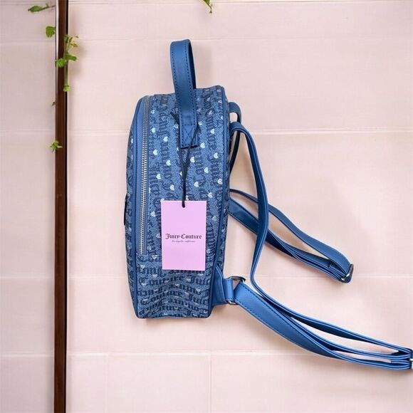 NWT New JUICY COUTURE POKERFACE DENIM & SILVER LOGO HEART BACKPACK - Picture 4 of 10